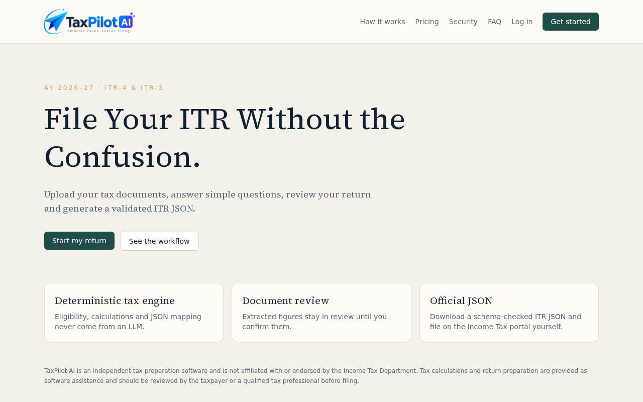 TaxPilot AI — Guided ITR-3 / ITR-4 preparation for AY 2026–27, with eligibility checks and official ITR-4 JSON export.